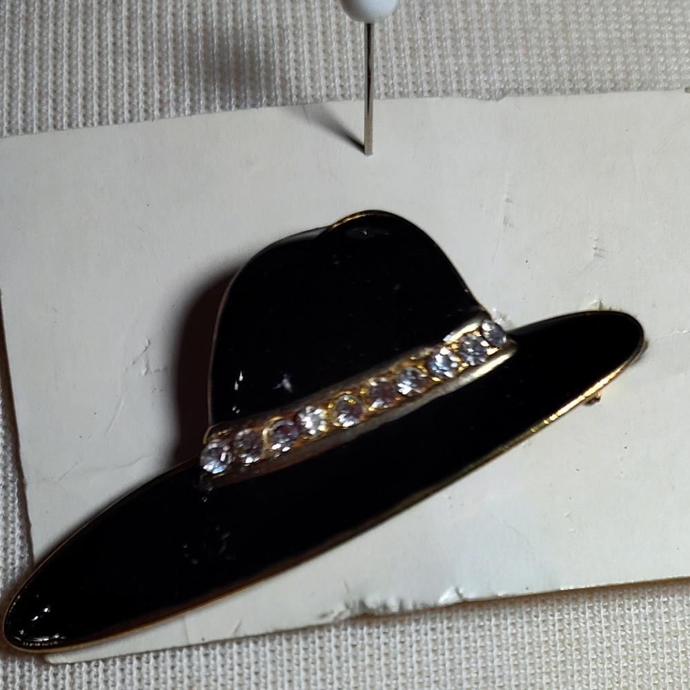 Black Hat Brooch with Gold Accents And Crystals